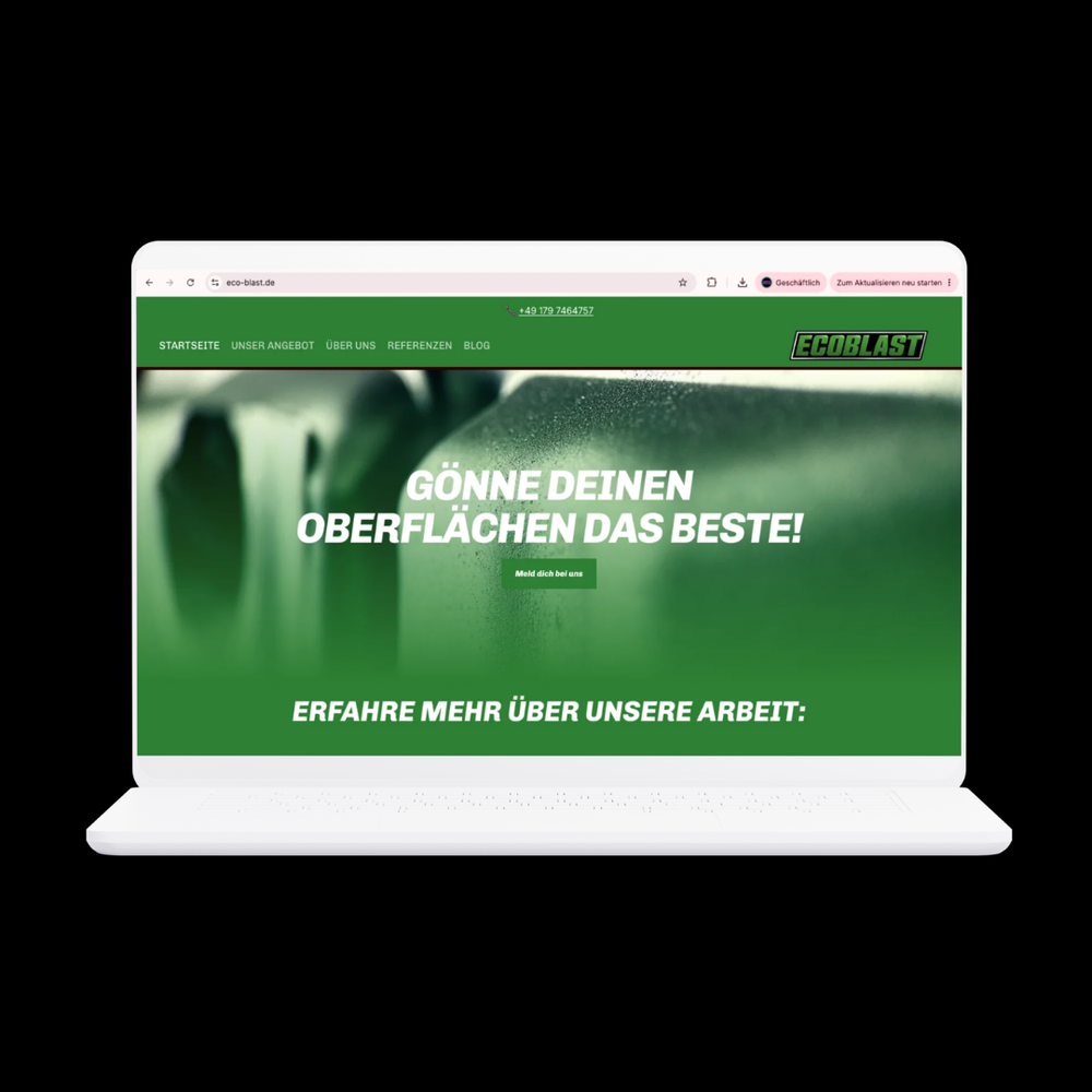 Webdesign-Mockup der neuen Website eco-blast.de auf einem Laptop – Rebranding und Markenauftritt für Industriereinigung / MediaMechs